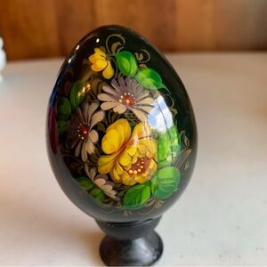 Vintage Russian Hand Painted Black Lacquer Floral Egg on Wooden Pedestal